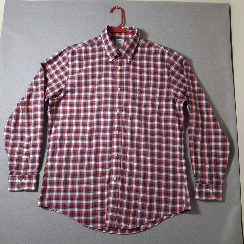 Brooks Brothers 1818 Regent Fit Shirt L Red Blue White Tartan Plaid  Cotton